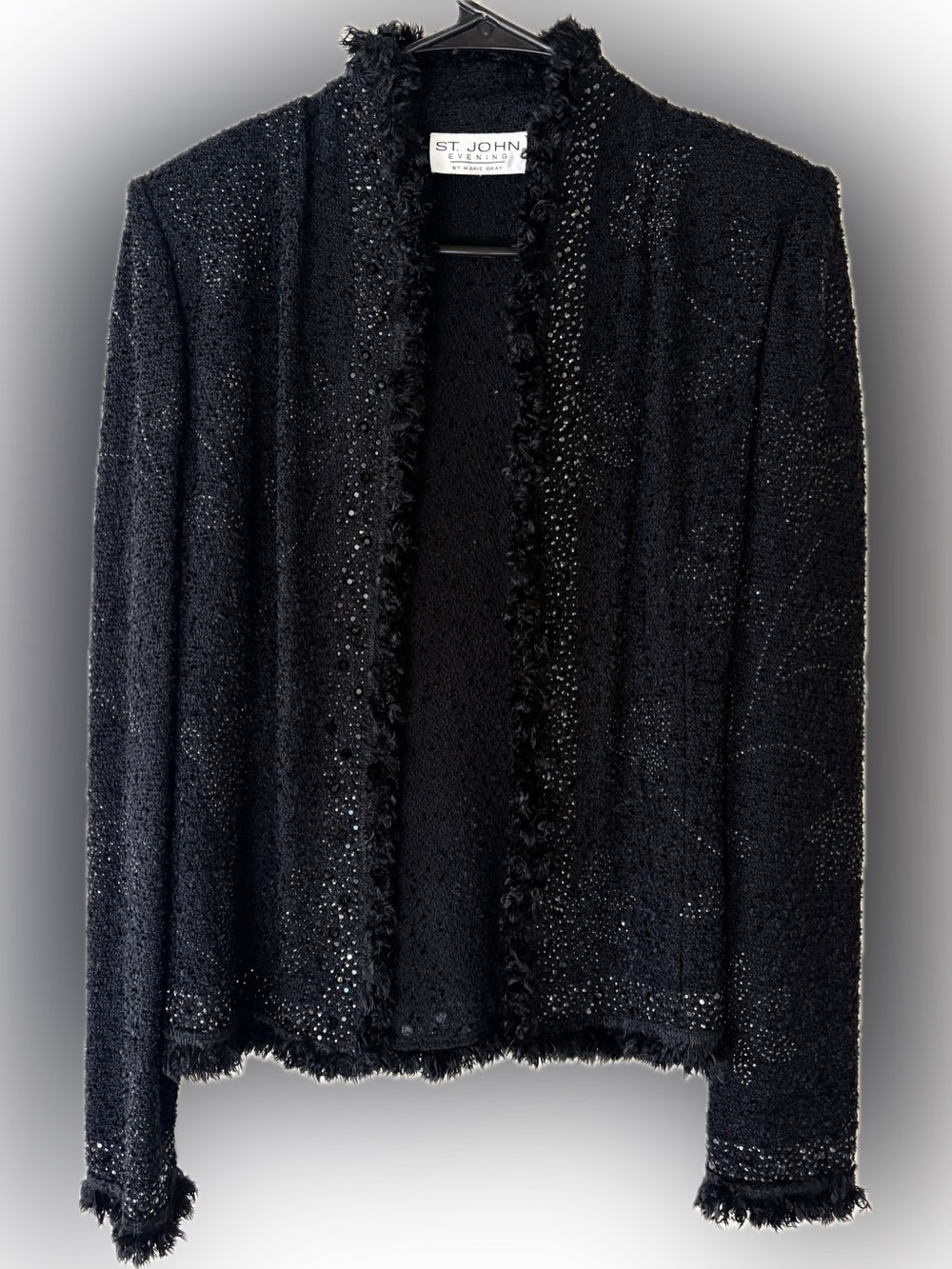 Vintage St. John by Marie Gray Black Bouclé Open Front Jacket Fringed Trim Large